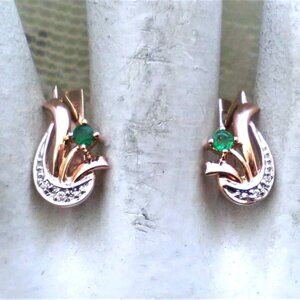 European Solid 14K 585 Rose Pink White Gold Emerald Diamond Flower Earrings
